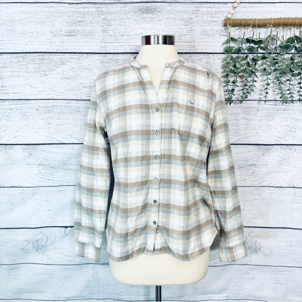 LL BEAN Women's Plaid Flannel Shirt Size Small Soft Cotton Collarless 290384